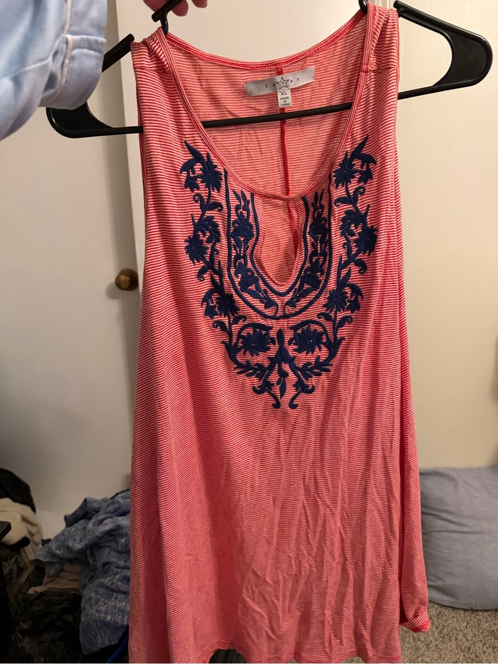 Fever Coral Tank Top with Navy Embroidered Front